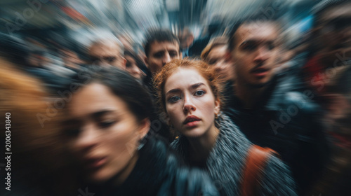 POV of crowded street with blurred faces and motion, capturing social anxiety and sensory overwhelm agoraphobia, mental health, mental illness stress background