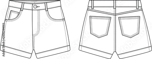 Foto Denim shorts front back view with pockets seams rolled hem flat vector