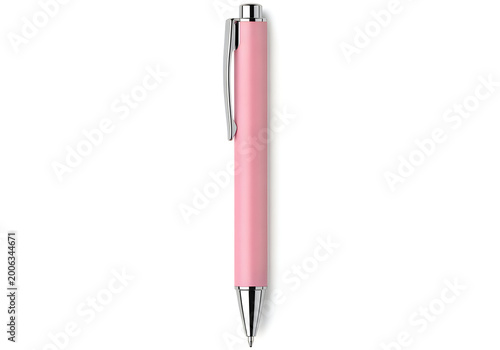 Pink ballpoint pen with silver metal accents isolated on white background