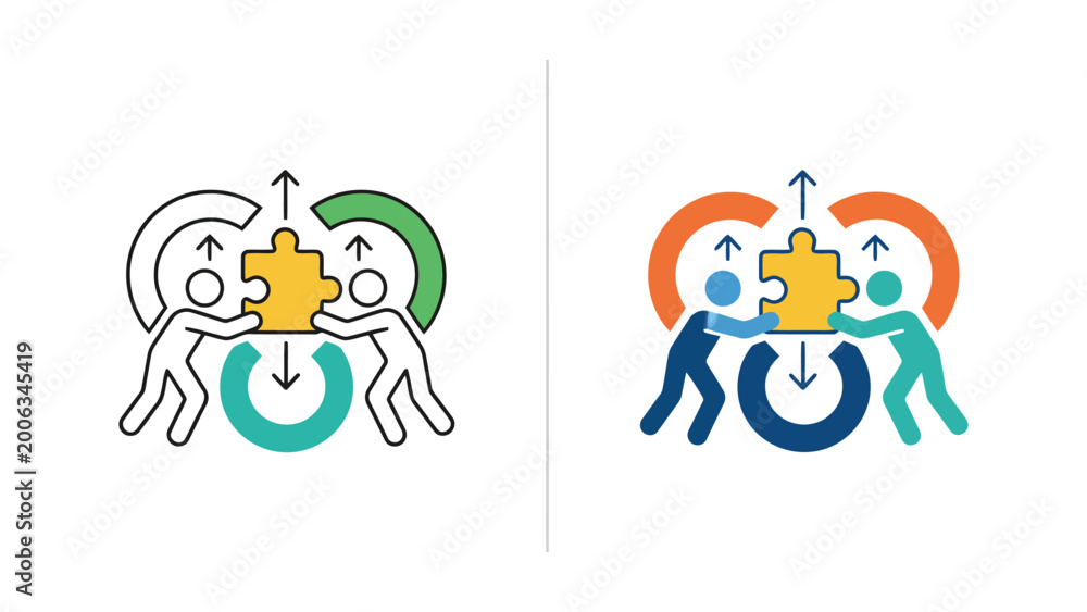 Fototapeta premium Business growth and team performance analysis icons with rocket launch and bar charts for professional corporate development and strategic success planning in dual style graphic presentation