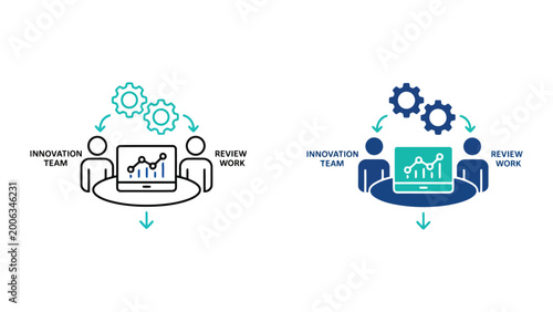 Innovation team and work review icon set featuring data analysis and gear elements in professional black line and flat blue vector styles for corporate performance and project monitoring systems