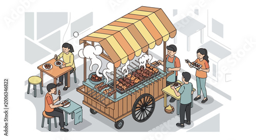 Tableau sur toile Street food cart with people eating outdoors