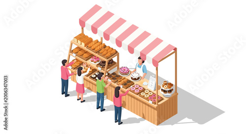 Bakery shop market stall isometric illustration with bread and cakes