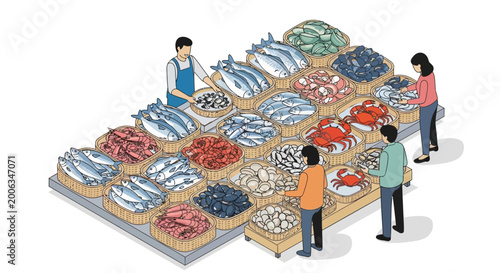 Isometric Fish Market Stall with Fresh Seafood and Customers