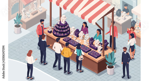 Isometric Vector Illustration of People Shopping at a Jewelry Street Market Stall