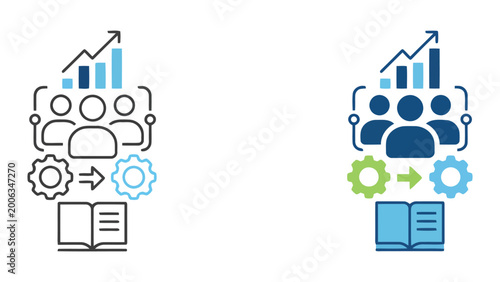 Business growth strategy icon set featuring team collaboration and educational book development with ascending bar charts and mechanical gear symbols in linear and flat vector graphic design styles