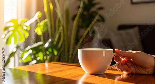 A warm beverage cup held by a person in a sunlit room filled with green houseplants during a slow morning break as steam rises from the hot drink in a peaceful domestic space for relaxation