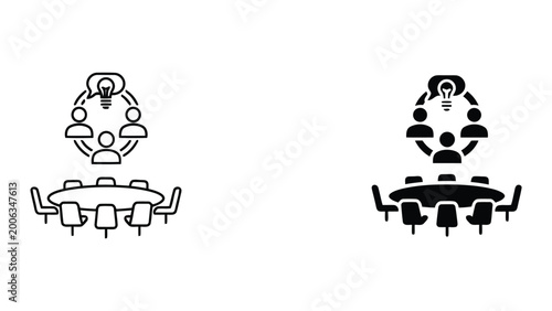 Team brainstorming session around circular table featuring lightbulb symbols for creative idea development in professional vector illustration style for business meetings and collaborative strategy