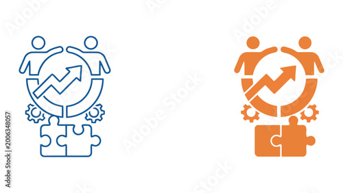 Professional growth and business success icons showing people collaborating on an upward arrow graph and puzzle pieces in blue and orange color schemes for corporate strategy presentations