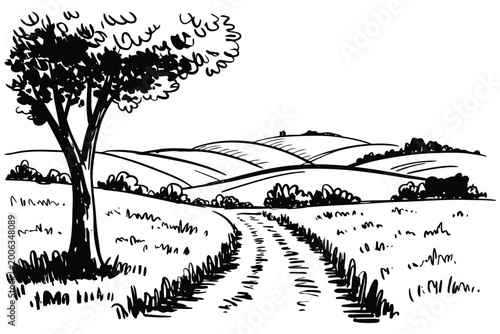Sketch of rural landscape with path, hills, and tree.