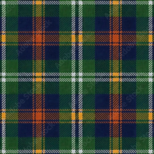 Vibrant Green and Blue Plaid Pattern with Orange and White Accents, Seamless Fabric Texture Background