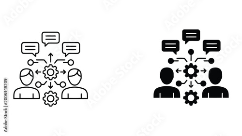 Photos Team collaboration with gears and speech bubbles vector illustration showing com