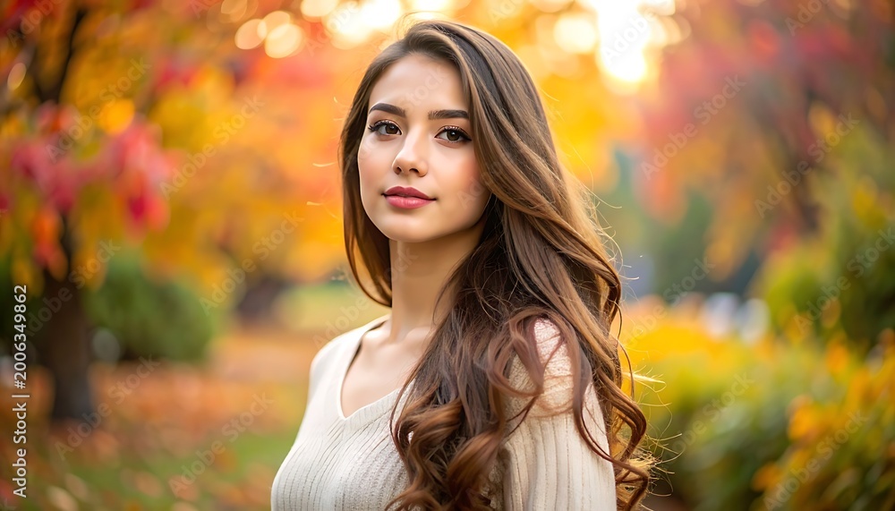 Fototapeta premium A young woman with long brown hair in an autumn setting