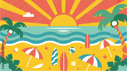 Photography Colorful cartoon beach scene with sunset and birds flying over water Vector
