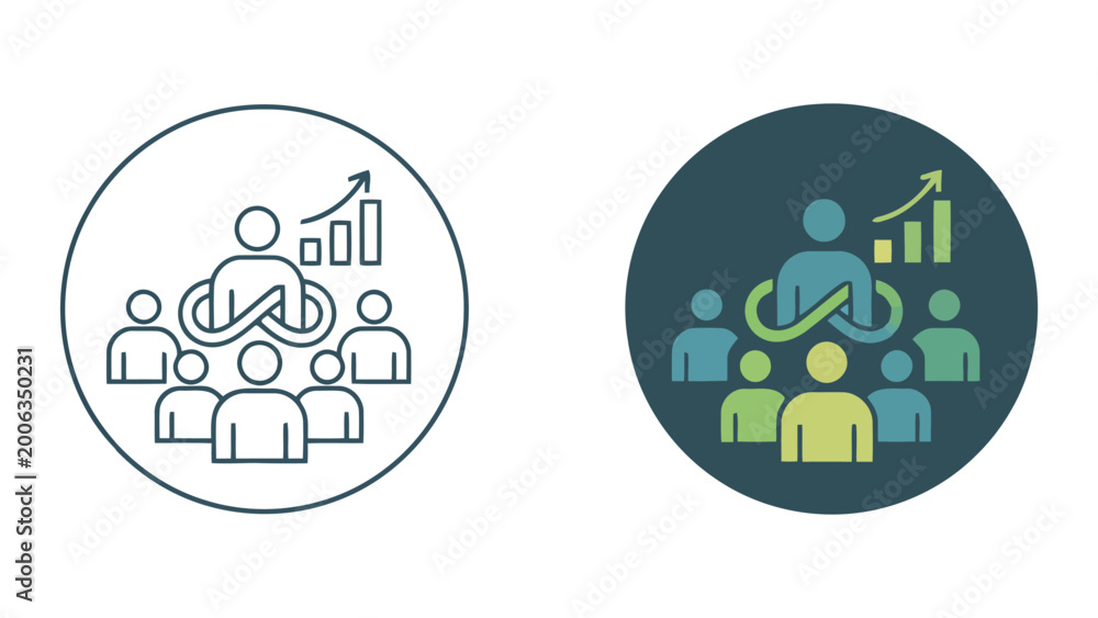 Obraz premium Business growth and team development icon featuring people with infinity loop and bar chart for continuous improvement and sustainable success in professional vector graphic design illustration