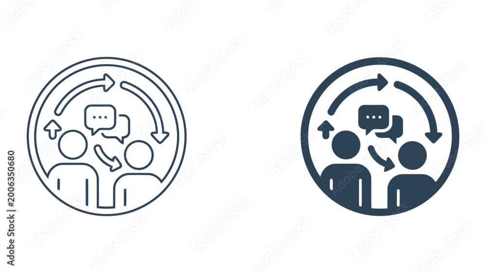 Photos Team communication and feedback loop icon set featuring group with speech bubble