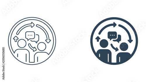 Photos Team communication and feedback loop icon set featuring group with speech bubble
