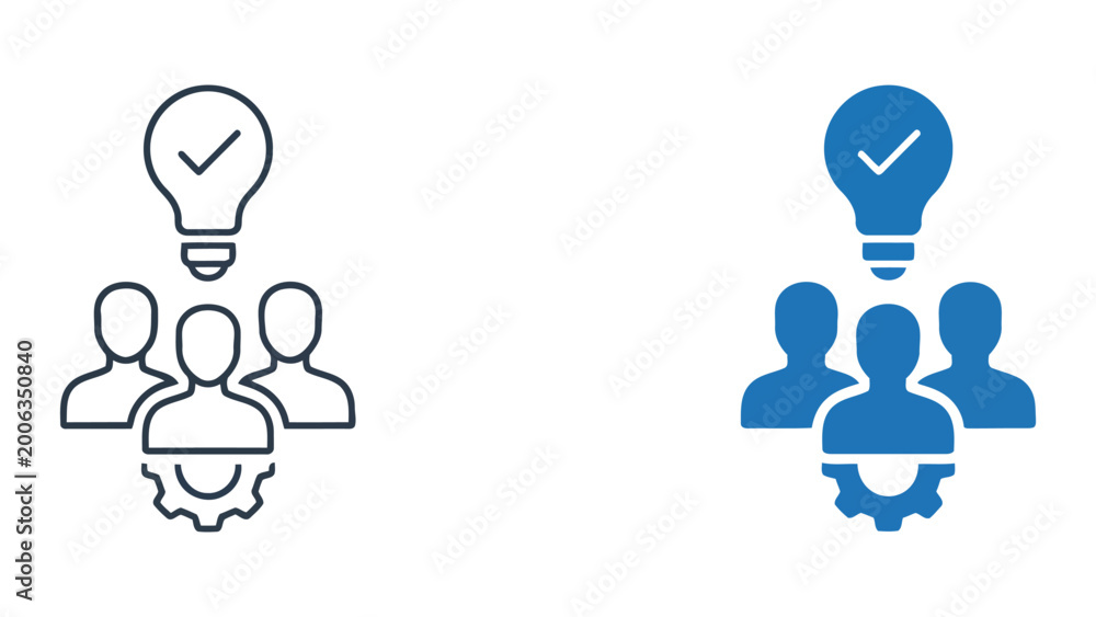 Fototapeta premium Business team reviewing project checklist and workflow cycle icons in outline and solid vector design styles for corporate management and team collaboration concepts isolated on white background