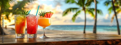 A selection of refreshing tropical cocktails served at a beach bar with palm trees and the ocean under the bright sun represents a resort lifestyle, summer drinks