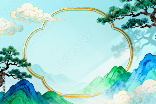 This watercolor oriental landscape features pine trees, misty mountains, auspicious clouds and a golden decorative frame, creating an elegant traditional Chinese style backdrop.