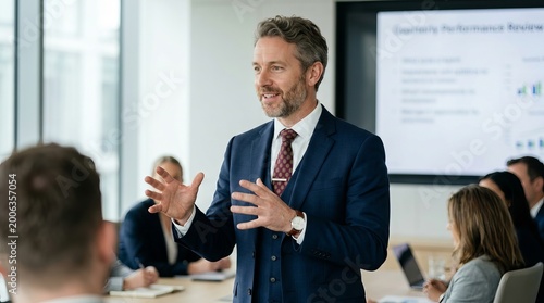 Smiling businessman presenting product with open hands, friendly corporate pose in studio, white shirt portrait on blue background