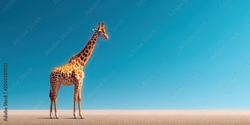 Obraz premium A solitary giraffe stands tall against a vast, clear blue sky in the savanna