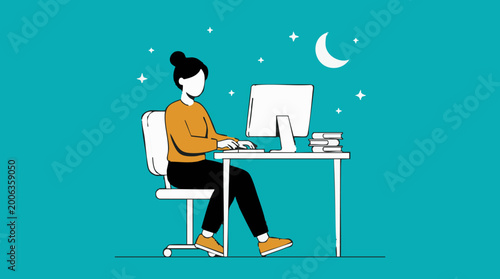 Obraz na plátne Woman working remotely on computer at night, flat illustration