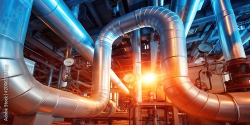 Industrial piping system inside a power plant with gauges and warm lighting