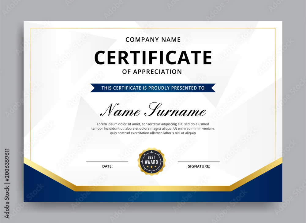 Fototapeta premium Blue and gold diploma certificate template. appreciation and achievement certificate with luxury premium badge