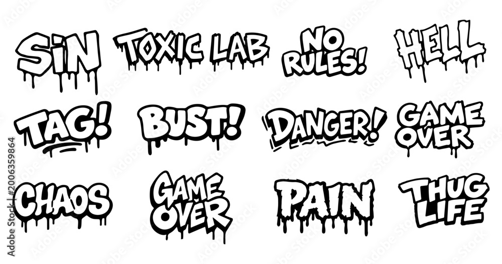 Obraz premium Graffiti street slang typography sticker set, urban drip text collection, gangsta tag quotes vector bundle