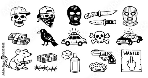 Tableau sur toile Hand Drawn Gangsta Street Culture Tattoo Flash Set with Skulls, Money and Urban