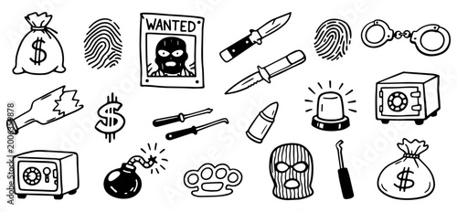 Fotografía Crime gang robbery icon set, thug life symbols collection, money bag fingerprint