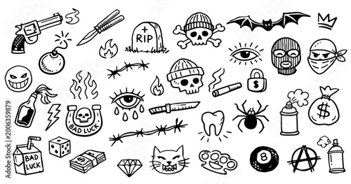 Foto Hand Drawn Urban Tattoo Style Doodle Set with Skulls, Street Culture Symbols and