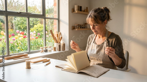 A woman in her fifties carefully assembling hand-bound journals at a tidy workshop bench, stitching creamy pages into linen covers with a cu 2