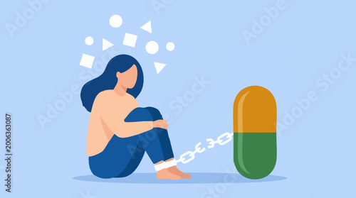 Fotografia Drug addiction and dependency: Person chained to a pill with chaotic thoughts