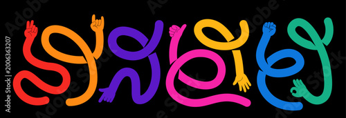 Flexible hands with gestures vector illustration. High five, rock on, peace, fist signs with long bendy curly arms. Bright flat cartoon modern style isolated on black background