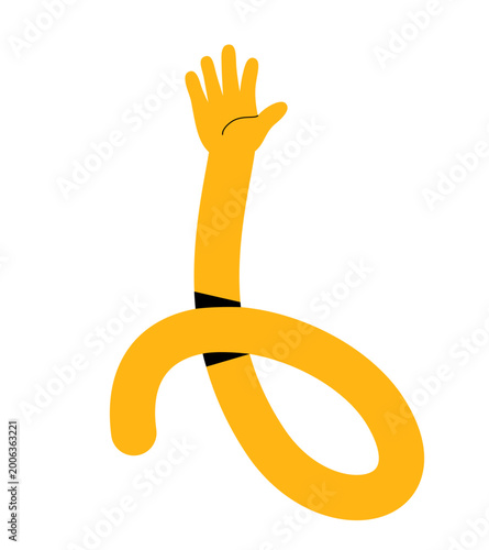 Yellow open palm on long arm. Vector illustration of help, support and welcome sign. Minimalist flat design isolated on white background