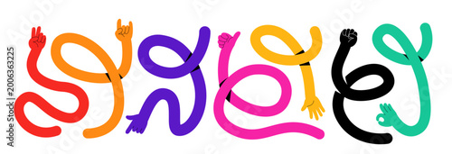 Flexible hands with gestures vector illustration. High five, rock on, peace, fist signs with long bendy curly arms. Bright flat cartoon modern style isolated on white background