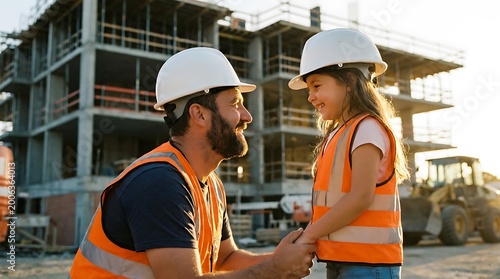 A Father and Daughter Wearing Hard Hats and Safety Vests at a Construction Site at Sunset