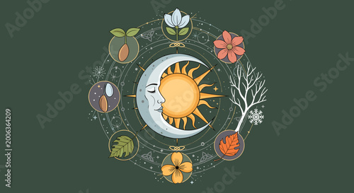 Tablou pe pânză A circular illustration depicting the cycle of seasons with celestial bodies and nature symbols