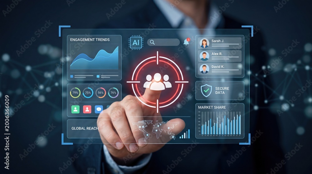 Fototapeta premium Businessman hand touching virtual HUD interface displaying engagement trends, target audience selection, secure data protection and market share analysis for digital strategy