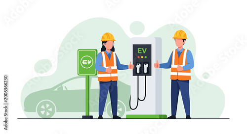 Two workers in safety vests and hard hats installing an electric vehicle charging station.
