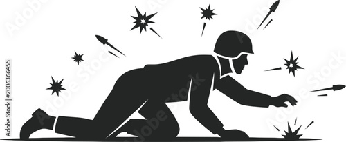 Foto Soldier silhouette crawling under fire battlefield action moving low danger wartime explosions helmets