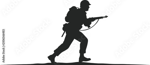 Tableau sur toile Soldier silhouette running with rifle and backpack wartime scene historical military action figure