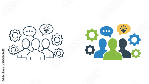 Bild auf Leinwand Business teamwork and innovation icon set featuring stylized people with speech