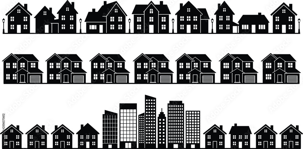 Fototapeta premium Collection of residential and urban building silhouettes including houses, suburban homes, and city skyline for architectural design concepts