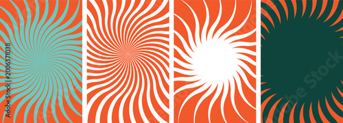 Set of four abstract radial sunburst backgrounds with wavy rays in various color combinations