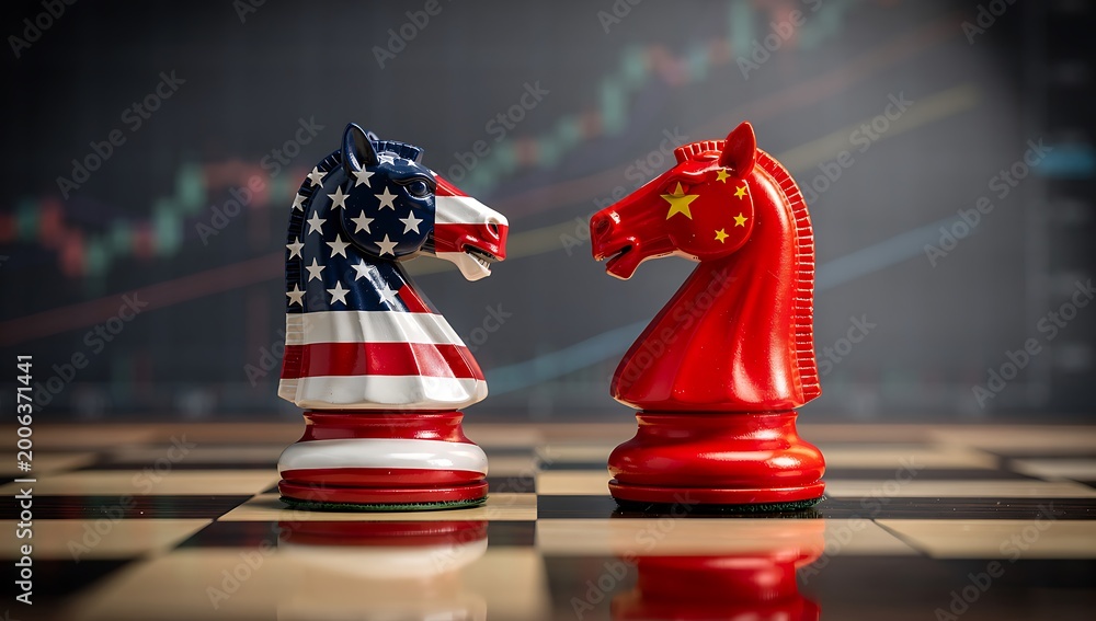 Fototapeta premium us and china chess knights rivalry concept with dramatic lighting on wooden board