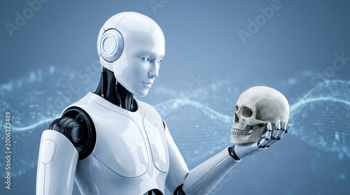 Humanoid robot examining human skull, AI research into humanity, anatomy and consciousness. 