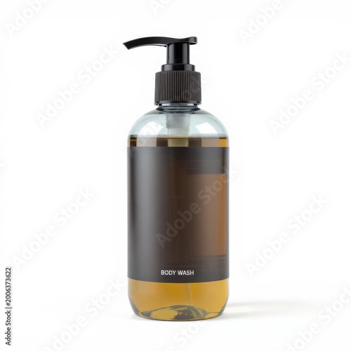 Amber Liquid Soap in a Clear Bottle with Pump Dispenser on White Backdrop